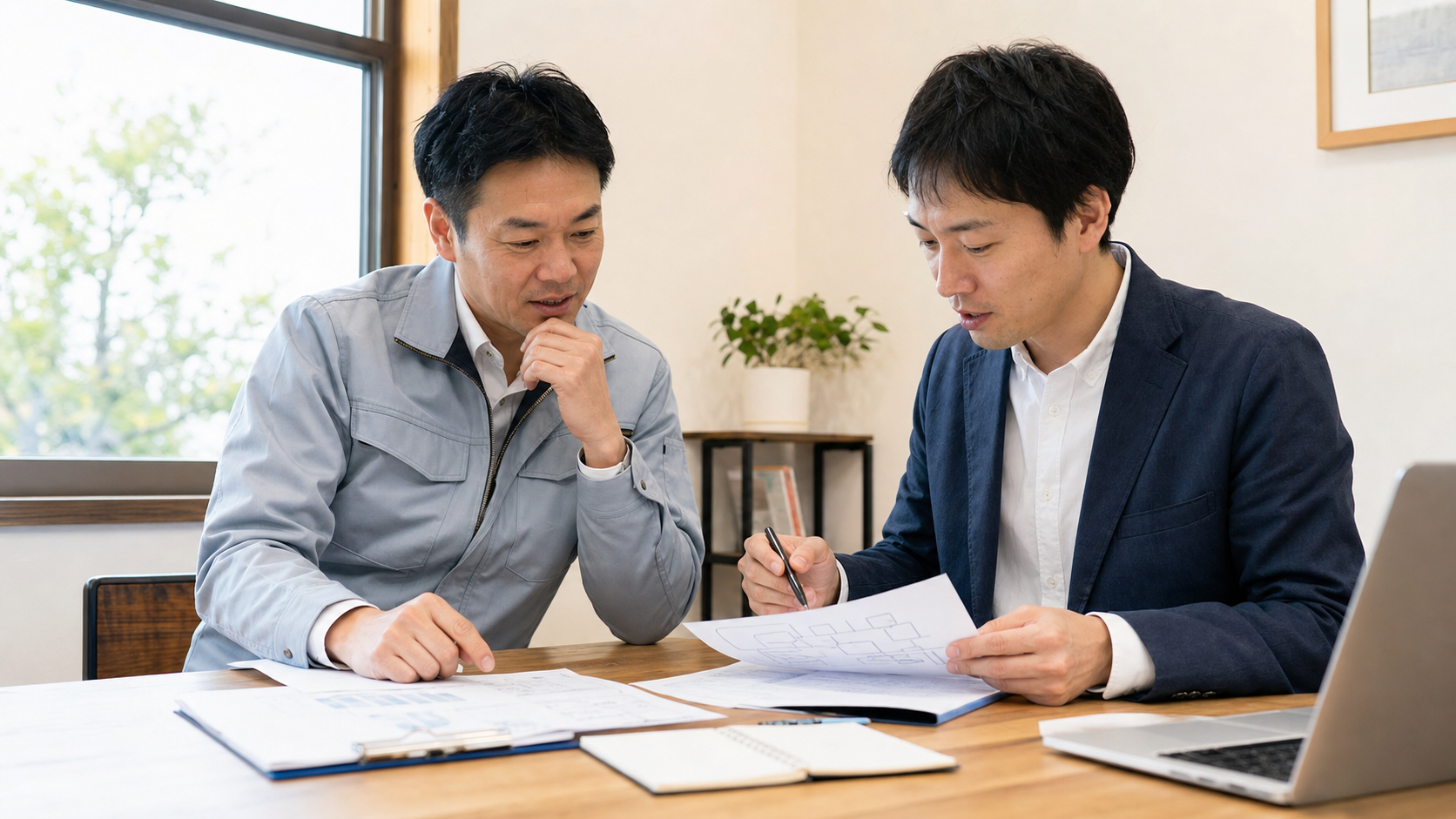 日本人の経営者と相談担当者が業務整理をしている様子